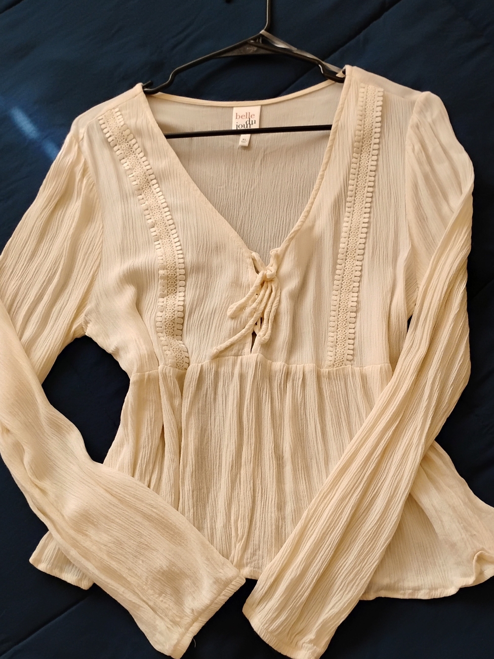 Belle Du Jour Cream Lace-Trim Tie-Front Peasant Top
